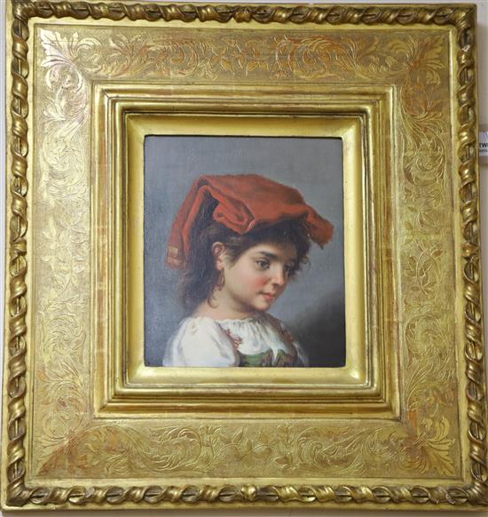 19th Century Continental School, Head of a young girl wearing Neapolitan headdress, indistinctly signed, oil on panel